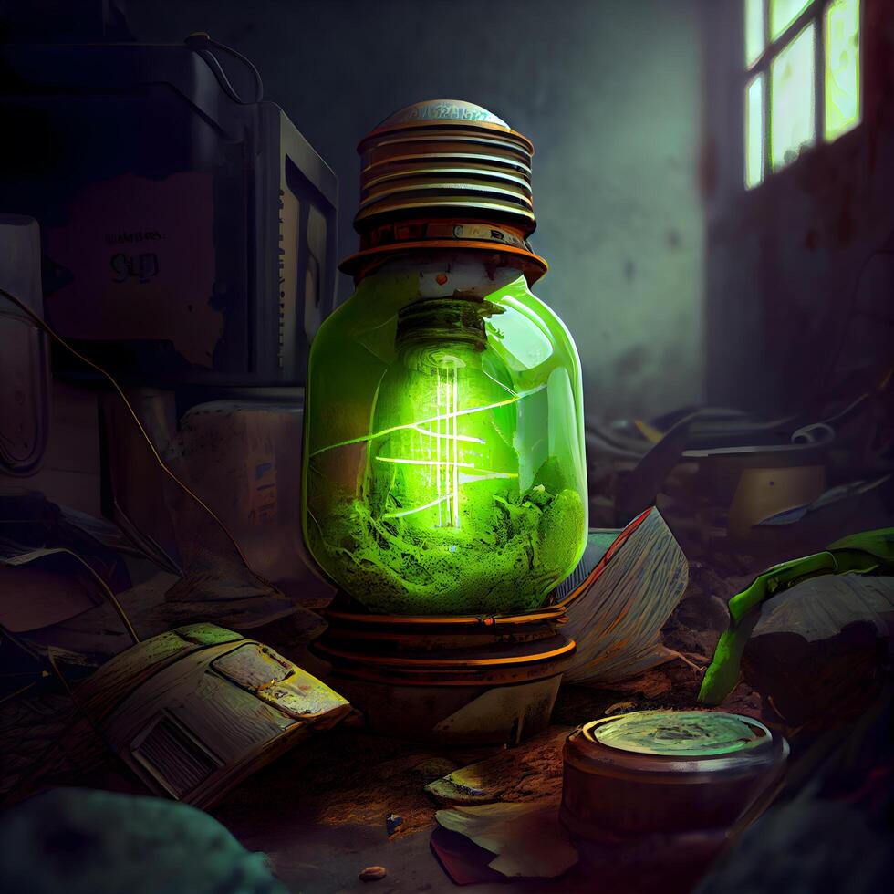 Clásico eléctrico lámpara en un oscuro habitación. verde energía concepto., ai generativo imagen foto