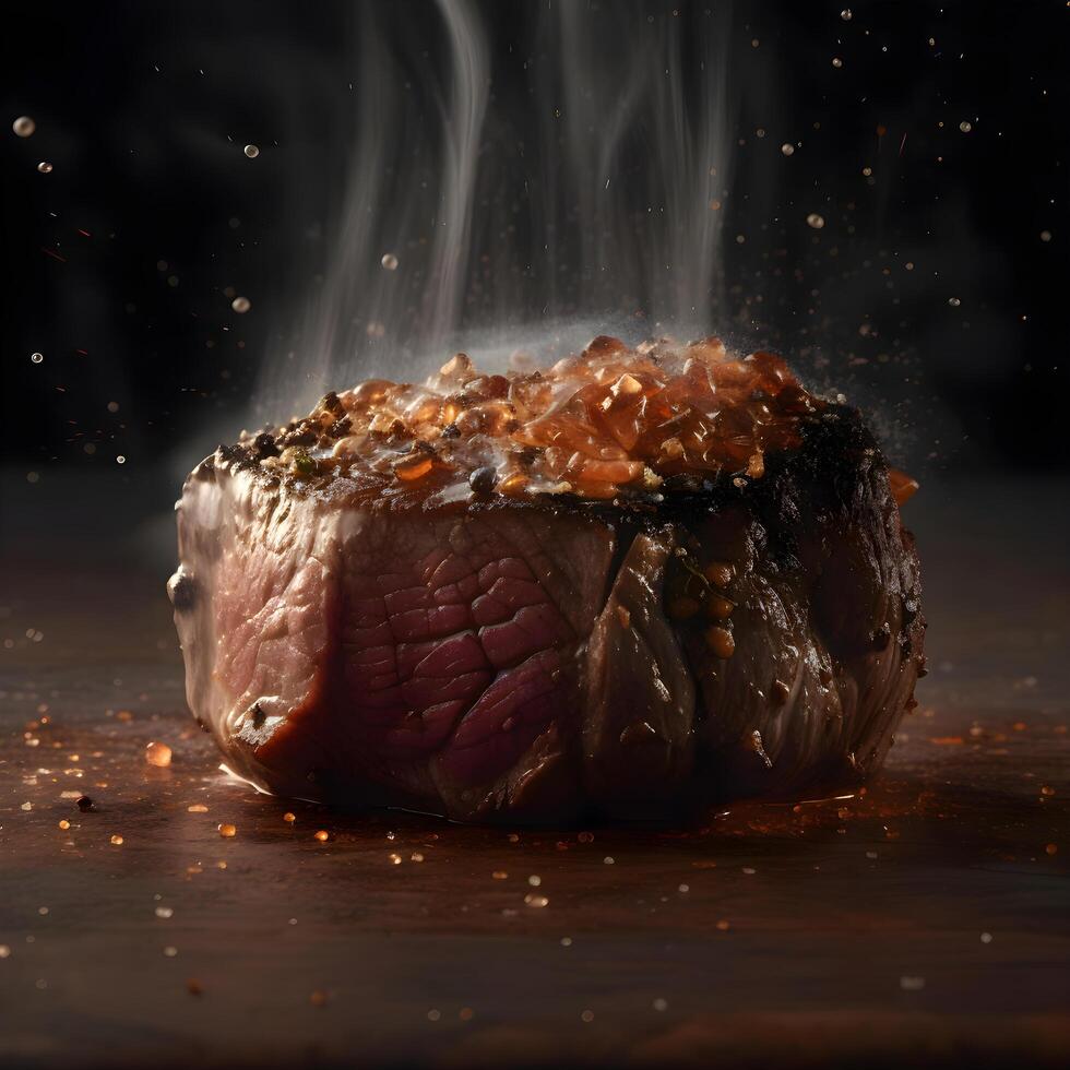 Grilled beef steak with red caviar and smoke on black background, Image photo