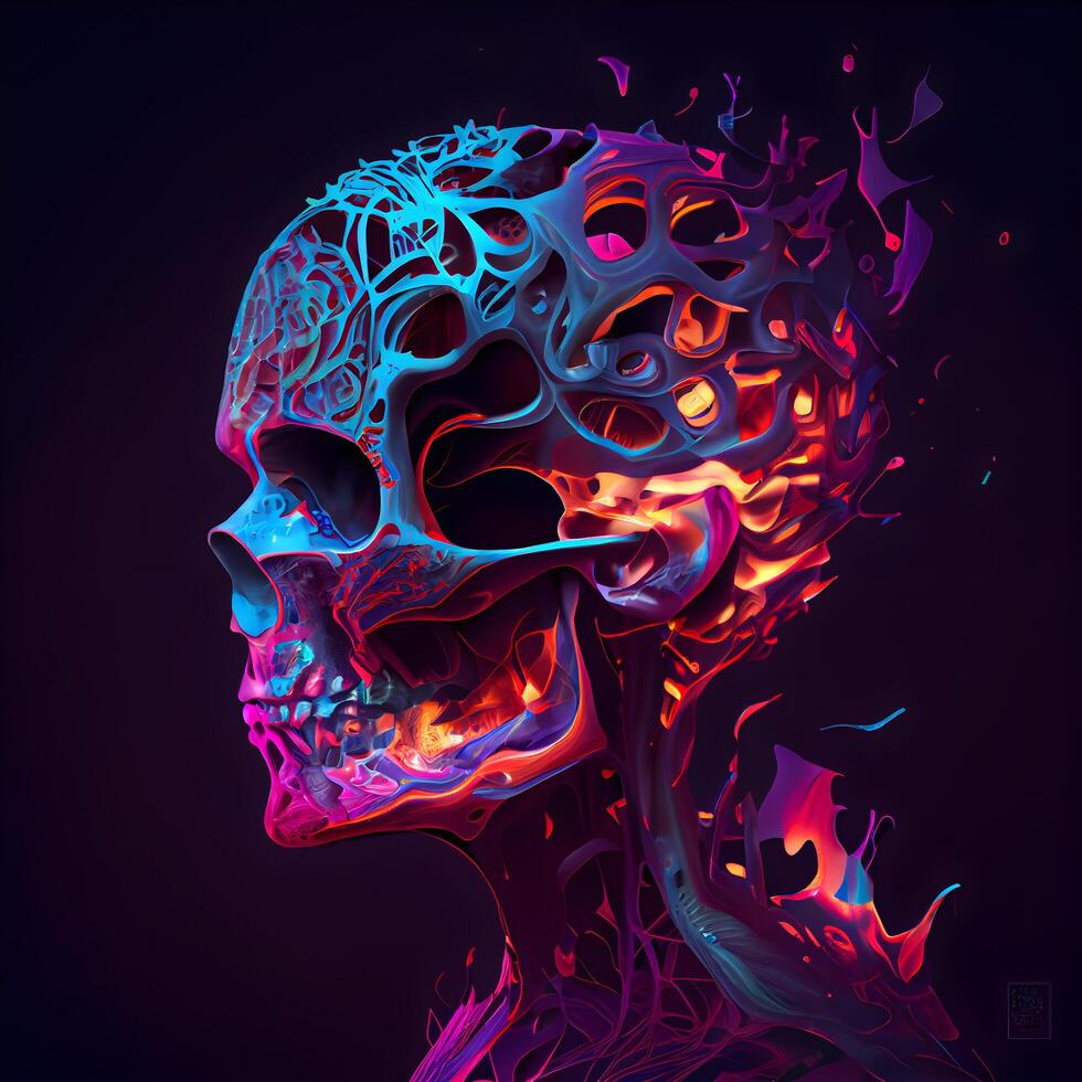 Human skull with colorful glow on black background. 3D illustration., Image photo