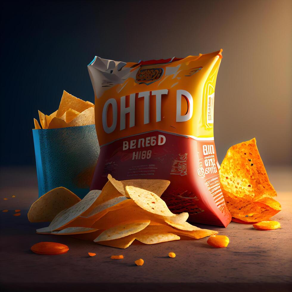 Oxtail potato chips in a paper bag on a dark background, Image photo