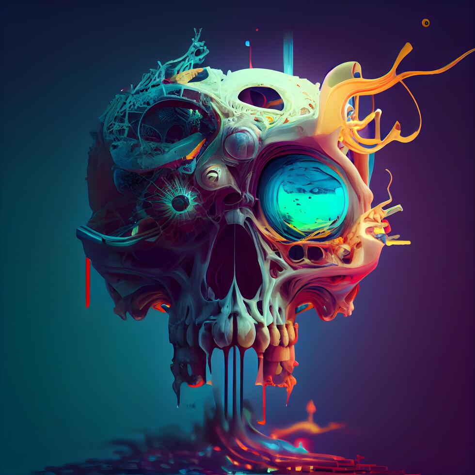 3d illustration of human skull with colorful paint splashes on dark background, Image photo