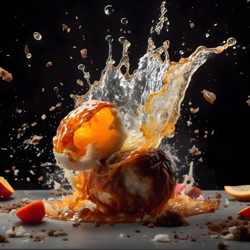 Falling fruits with splashes of juice on a black background., Image photo