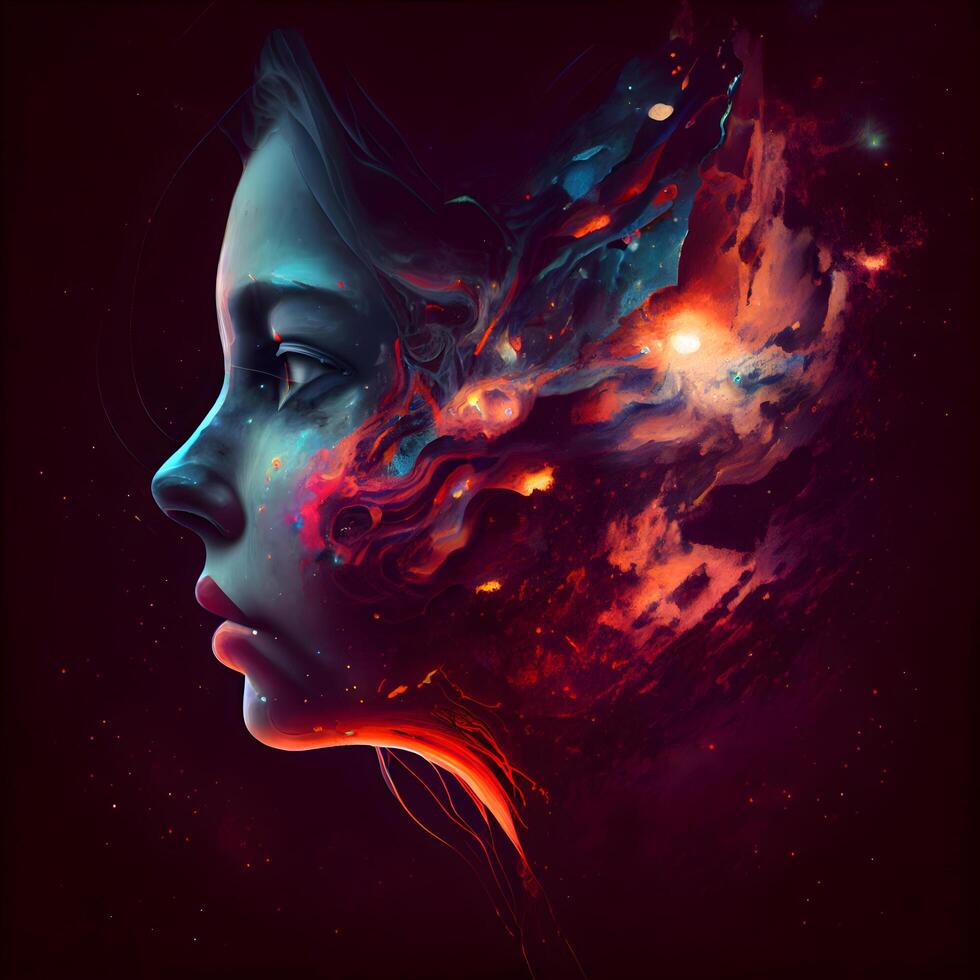 3d illustration of a female face with red and blue fire effect, Image photo