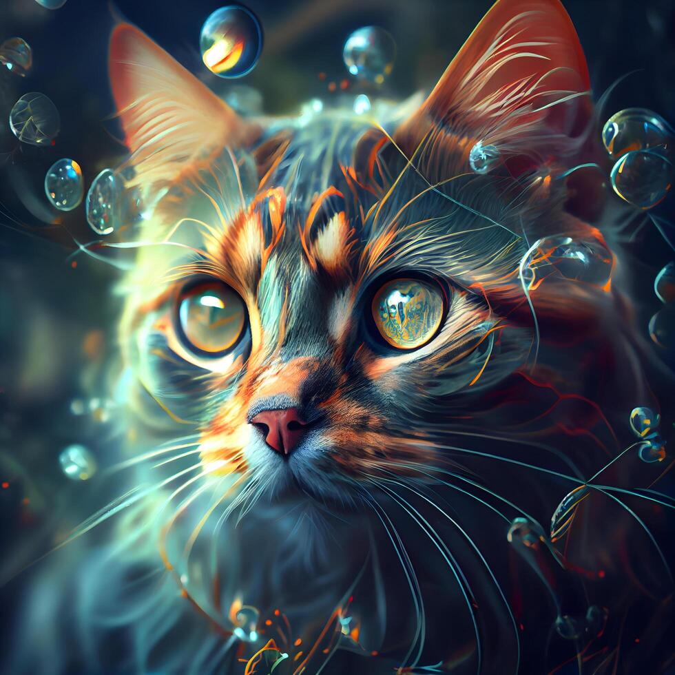 Fantasy portrait of a cat with a lot of bubbles in the background., Image photo