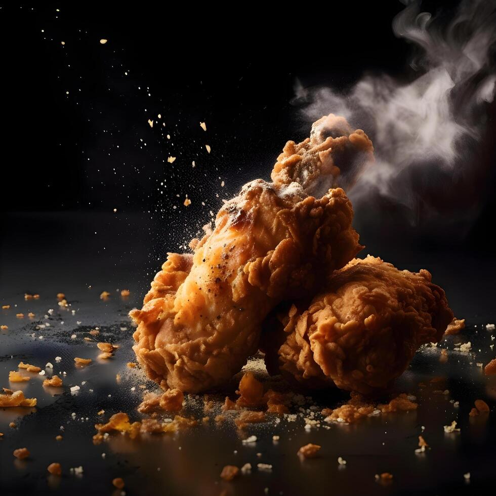 Fried chicken on a black background with smoke, close up, Image photo