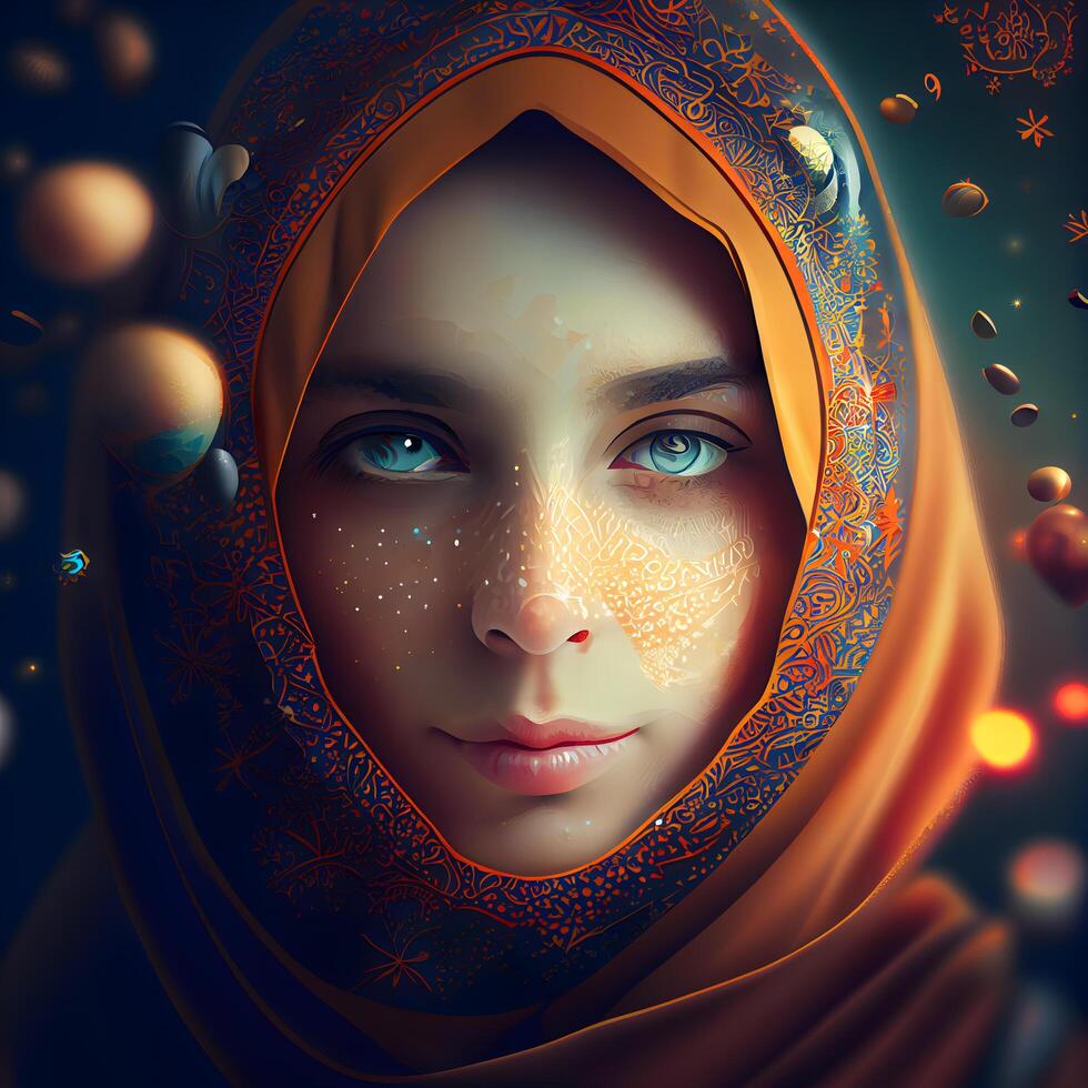 hermosa musulmán niña en hijab mirando a cámara. 3d representación, ai generativo imagen foto