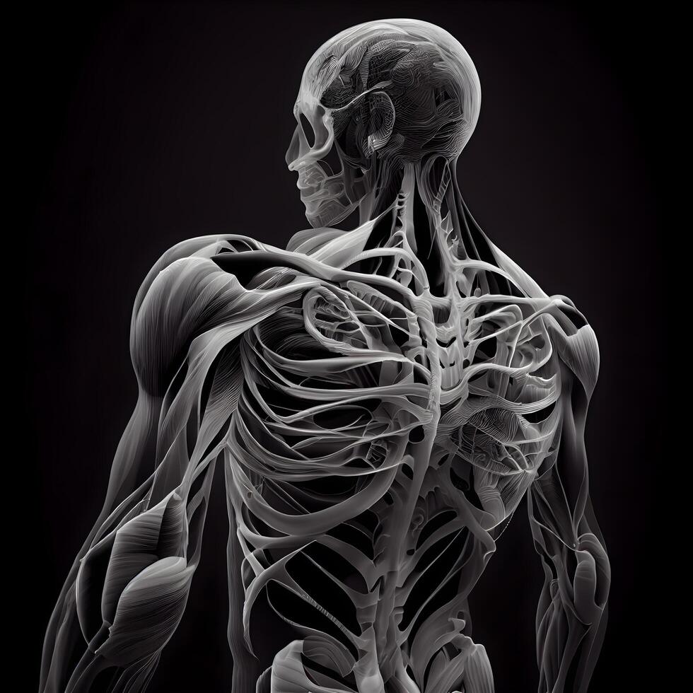 Human body made in 3D graphics, skeleton and lymphatic system, Image photo