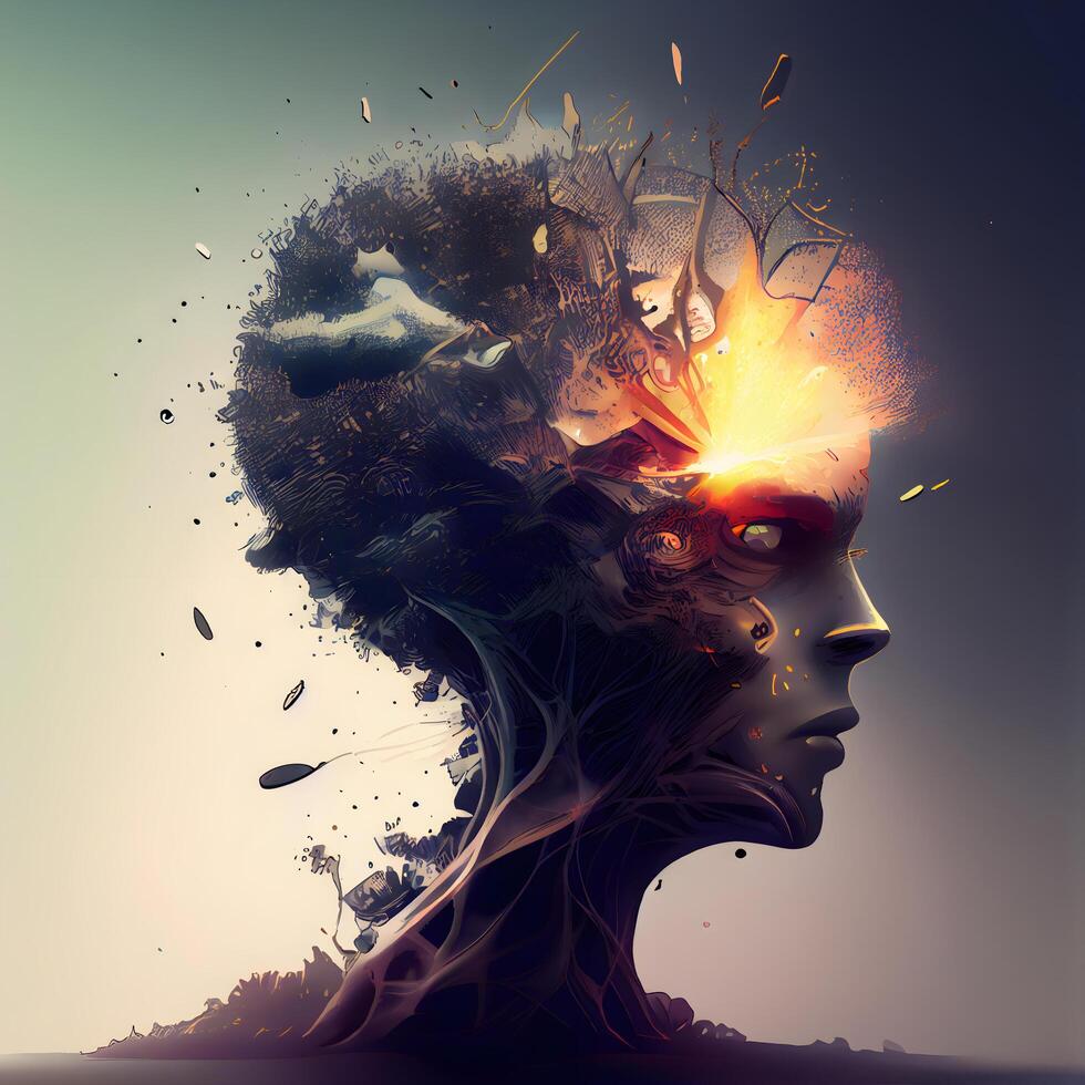 3D rendering of a female head with a fire in the brain, Image photo