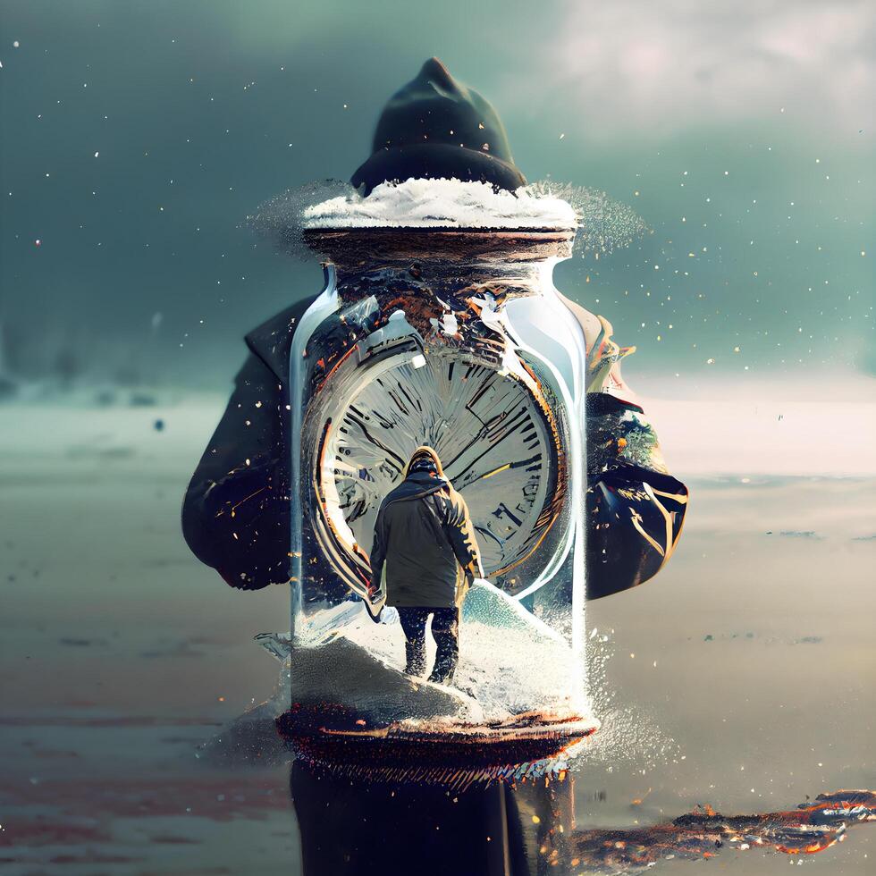 Man in winter clothes with clock in a glass jar. Time concept, Image photo