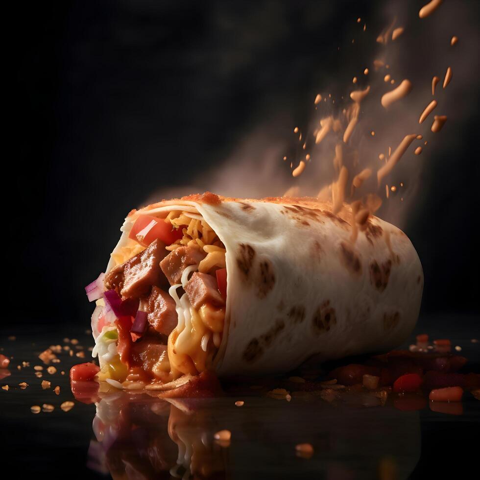 Traditional mexican burrito with meat and vegetables on black background, Image photo