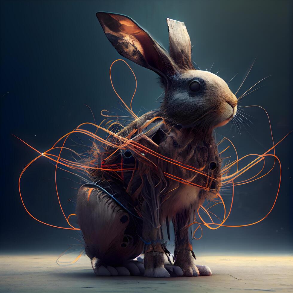 Rabbit with wires and lines on a dark background. 3d rendering, Image photo