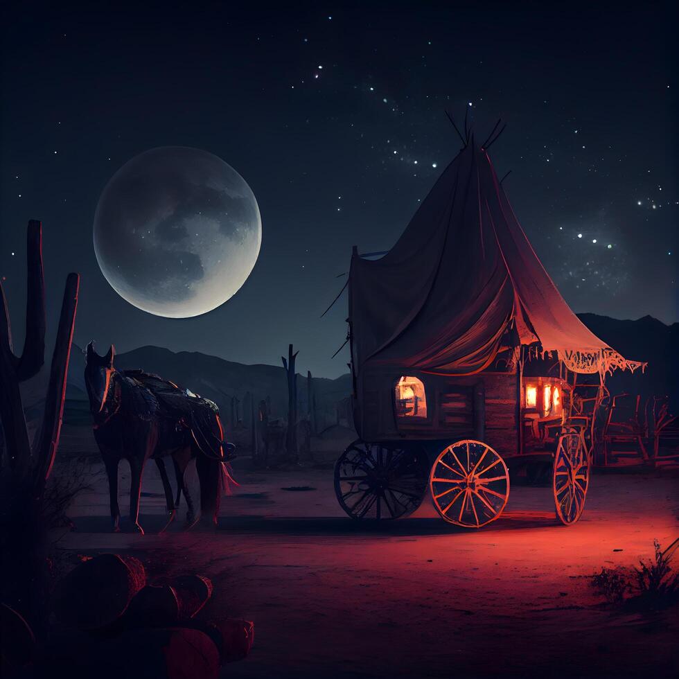 Horse-drawn wagon in the desert at night. Illustration, Image photo