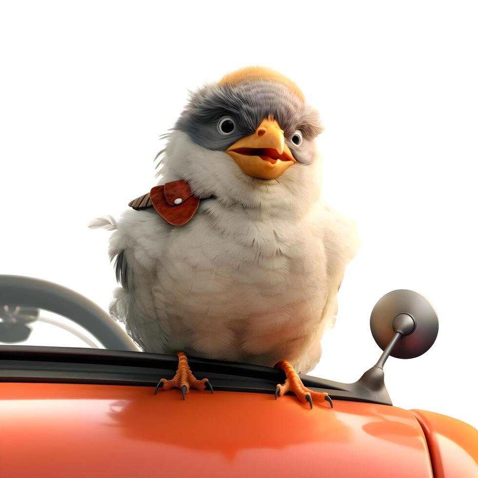 3D digital render of a cute bird in a convertible car isolated on white background, Image photo