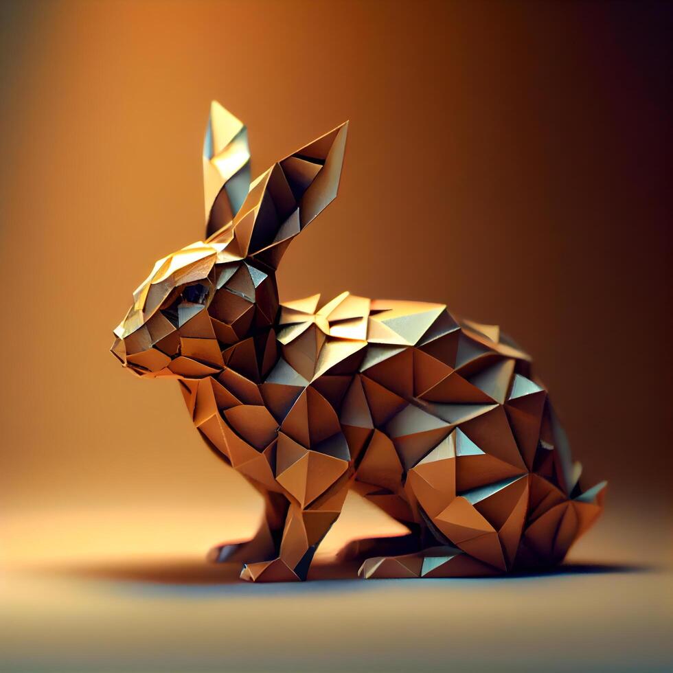3d representación de un dorado Conejo en bajo escuela politécnica origami estilo, ai generativo imagen foto