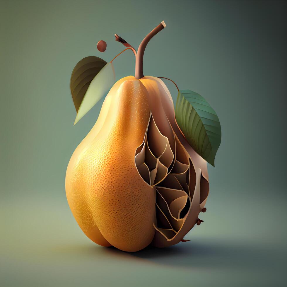 Pear with leafs on a dark background. 3D illustration., Image photo