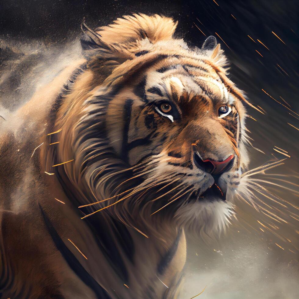 Siberian tiger in the smoke. Digital painting. 3d rendering, Image photo