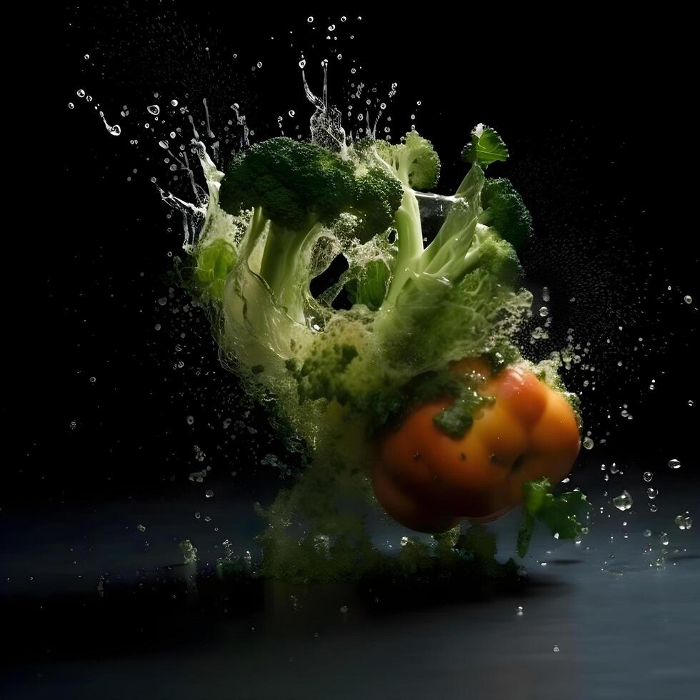 Fresh green cabbage with water splash on black background. Healthy food., Image photo