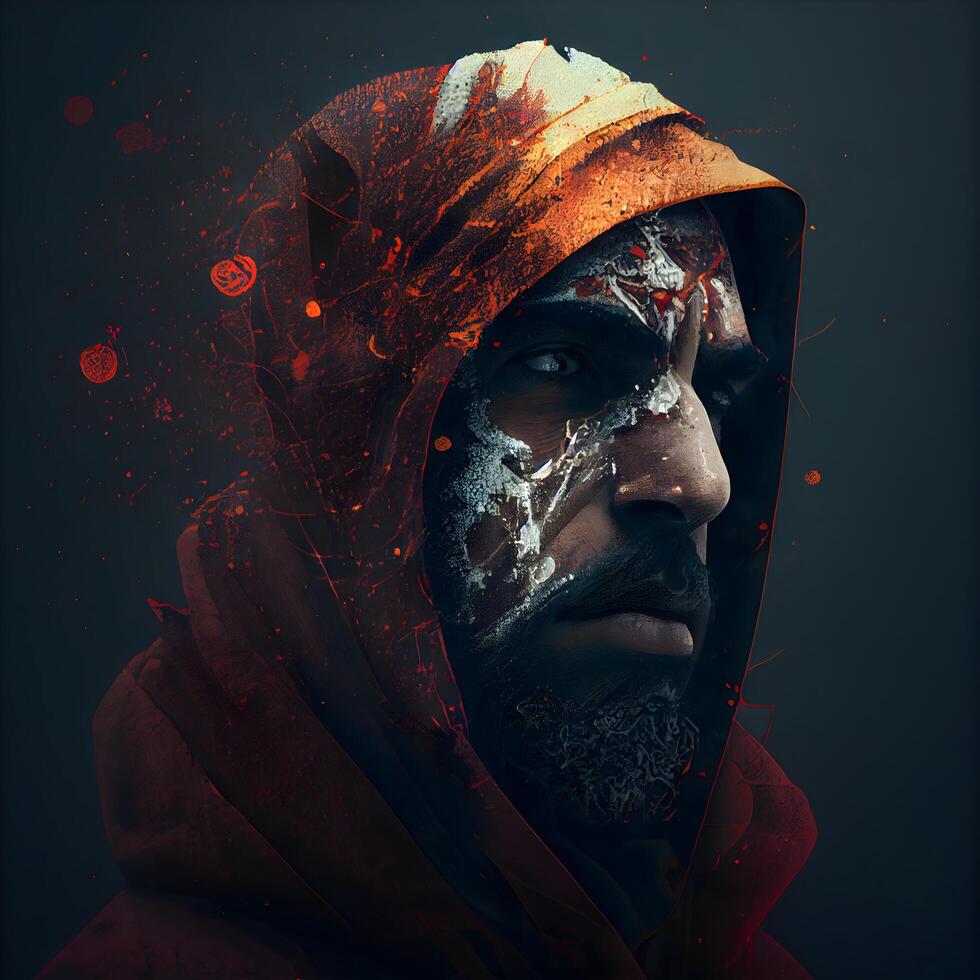 Portrait of a man with a painted face and a hood., Image photo