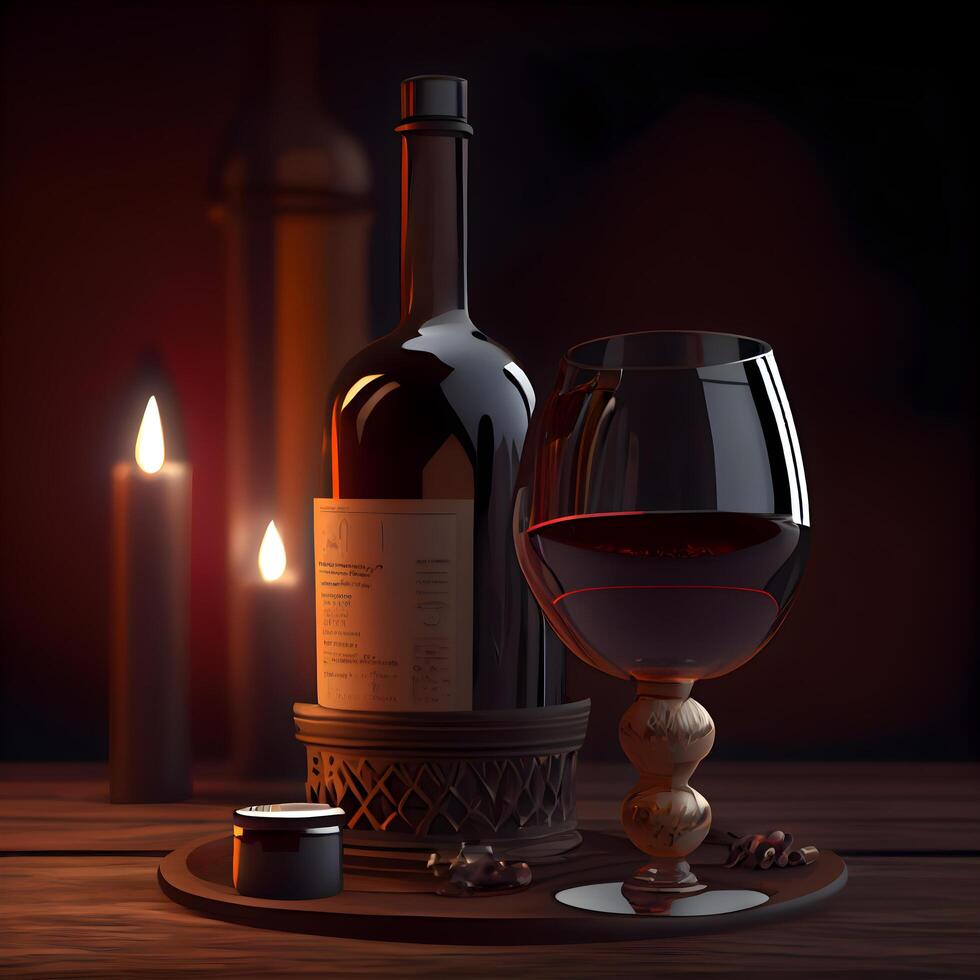 Bottle and glass of red wine with ice cubes on dark background, Image photo