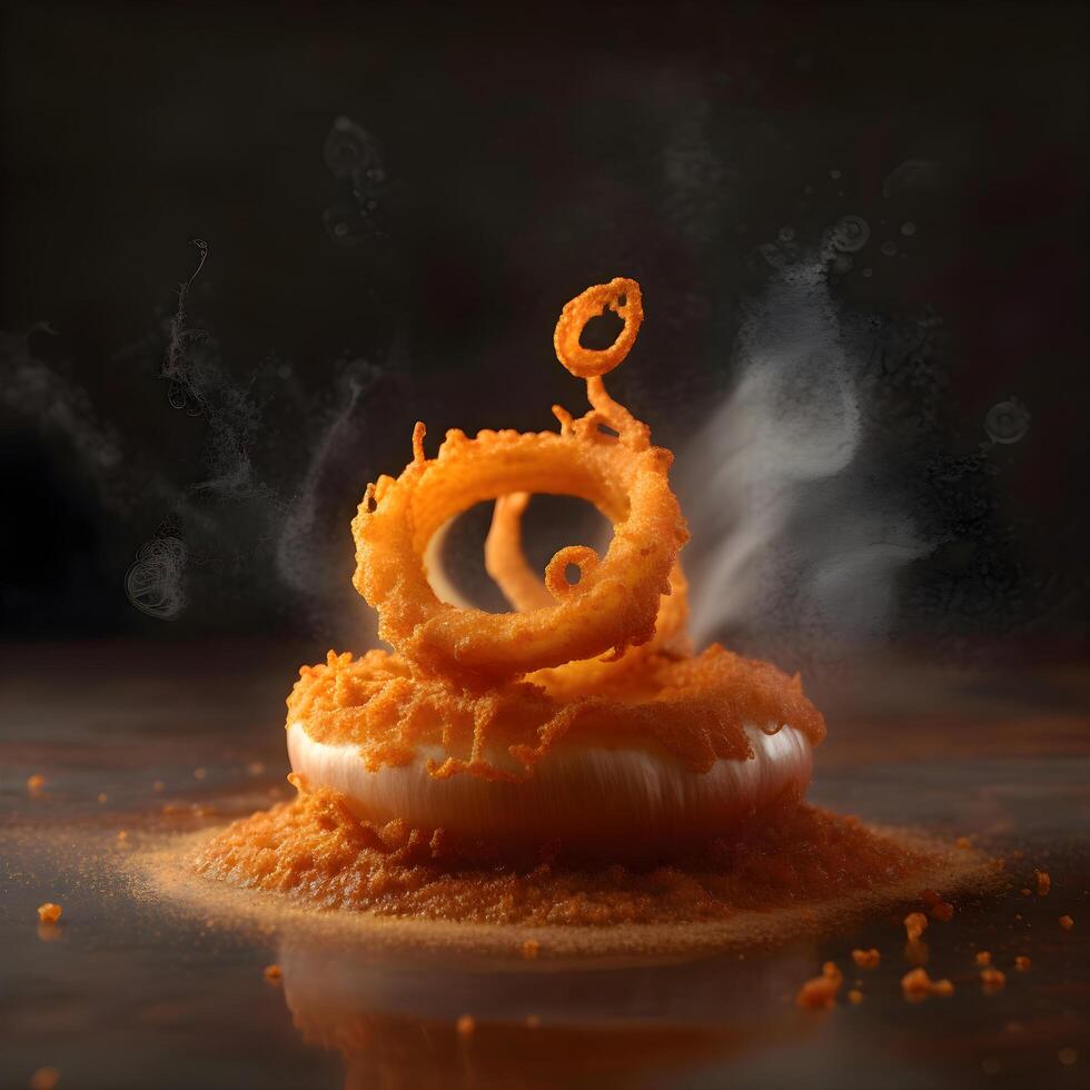 Fried onion rings on a black background with smoke and steam., Image photo