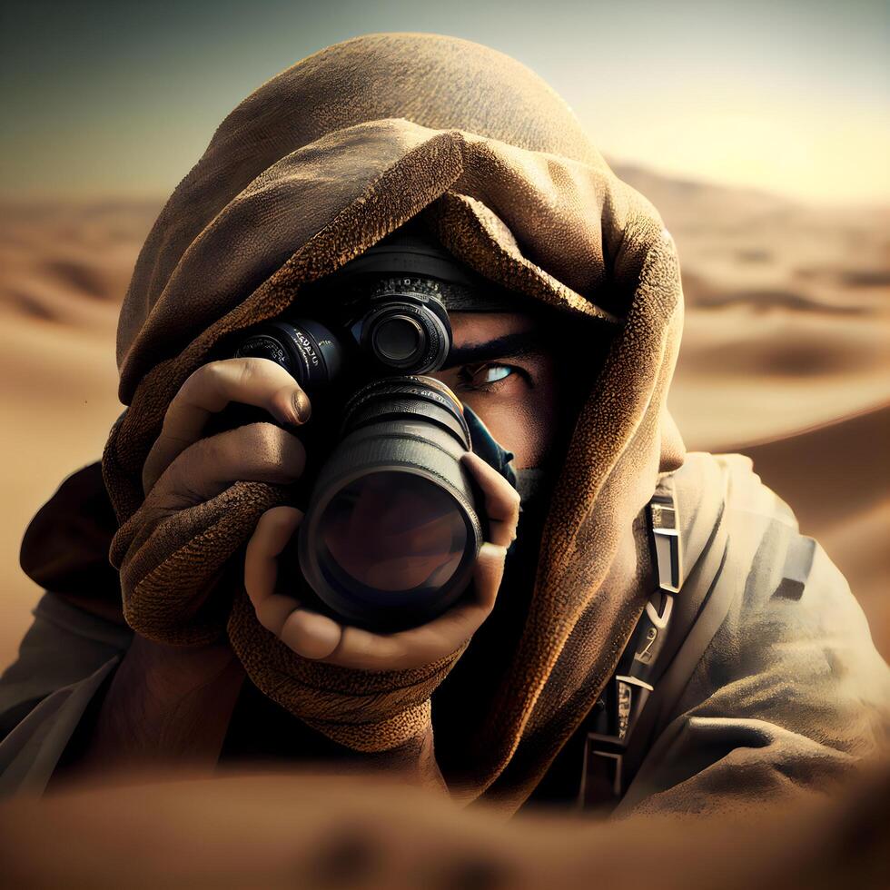 Photographer with camera in the desert. Travel and adventure concept., Image photo