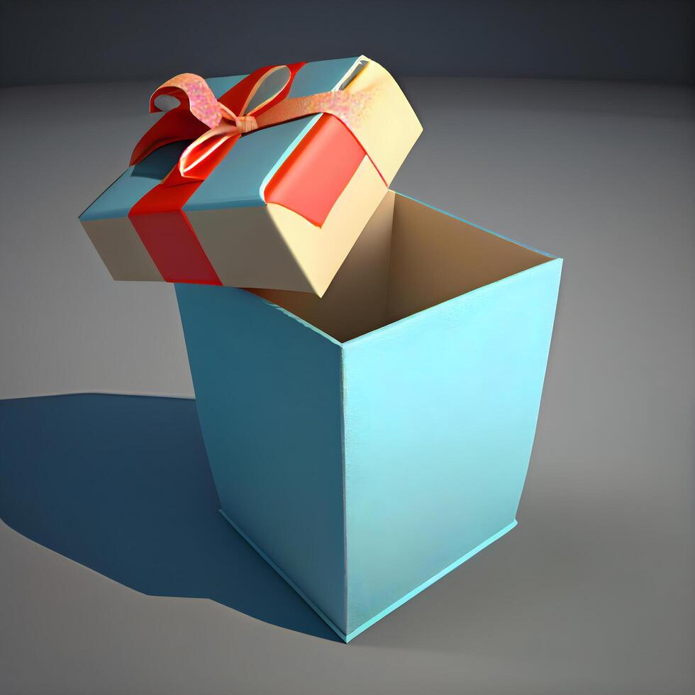 Open gift box with red ribbon on grey background. 3d render, Image photo