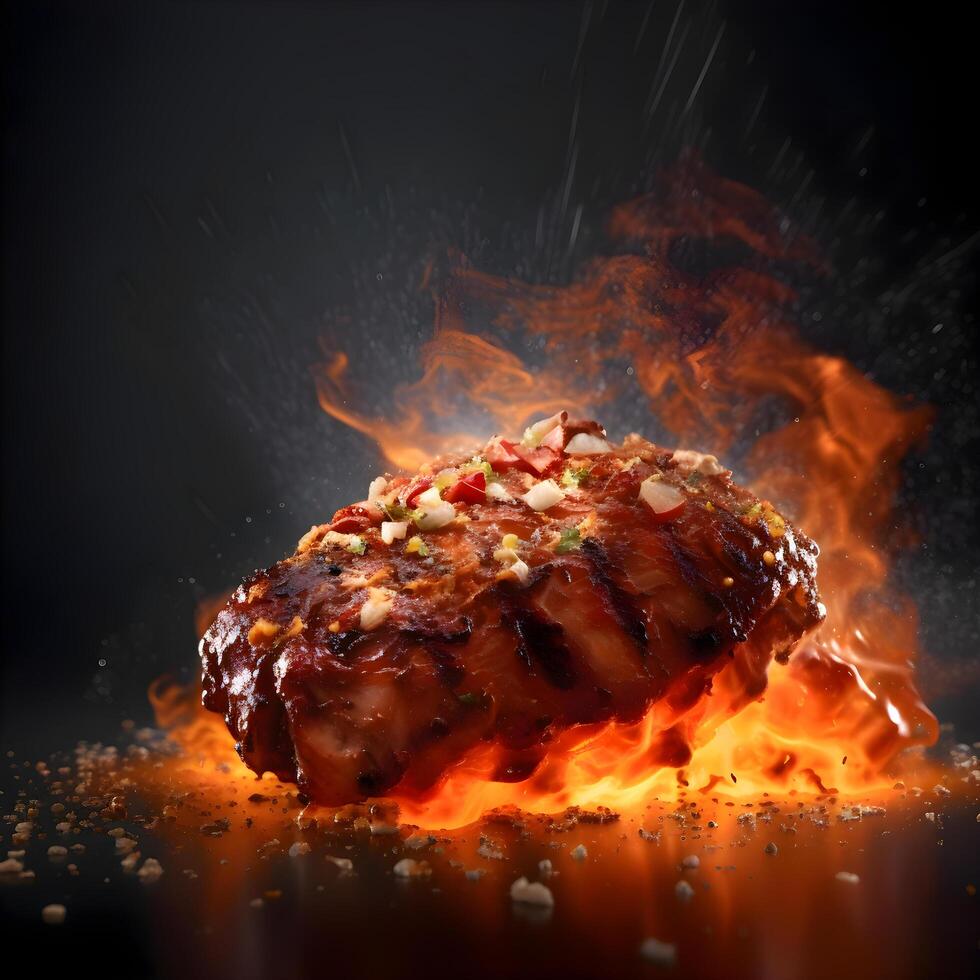 Pork steak on a fire with flames and smoke on a black background, Image photo