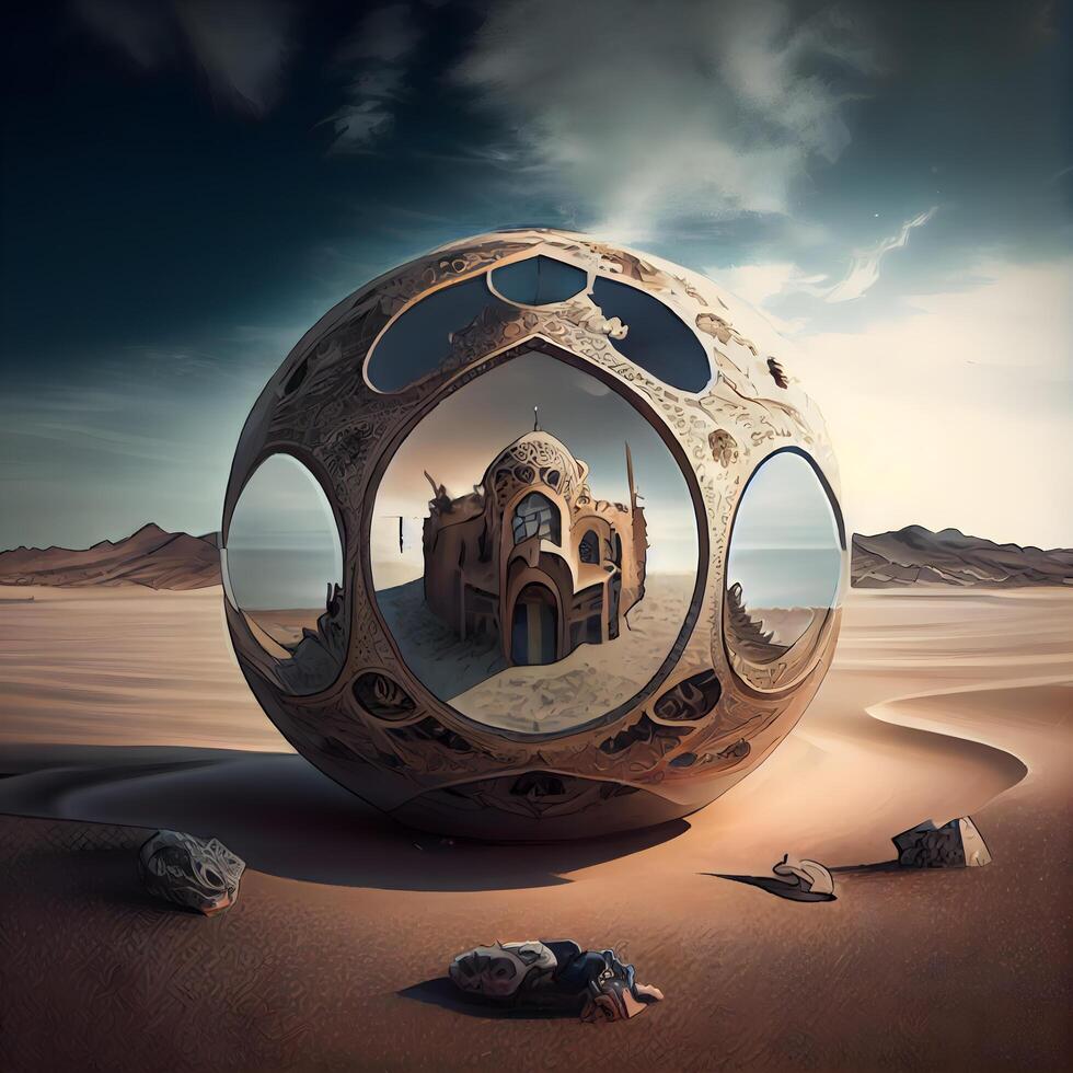 3d rendering of a planet with a church in the middle of the desert, Image photo