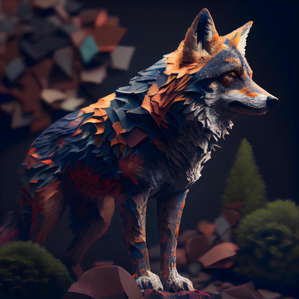3d ilustración de un lobo en el bosque. 3d representación, ai generativo imagen foto