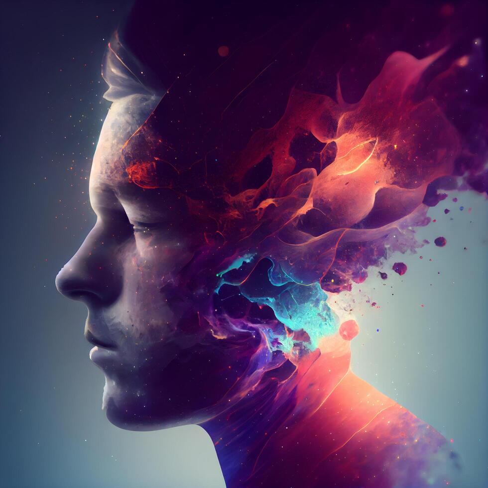 Double exposure portrait of a man combined with colorful paint splashes., Image photo