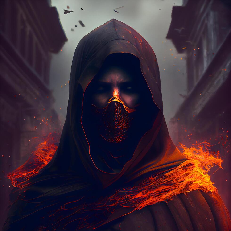 Mysterious man in a dark cloak with a hood on his head., Image photo