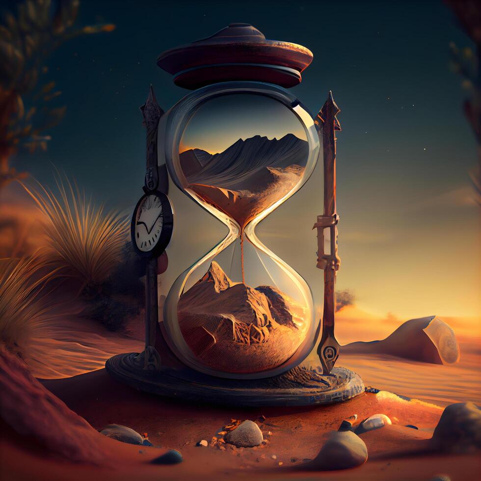 Hourglass in desert. 3d render. Time management concept., Image photo