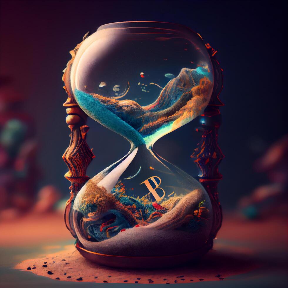 Hourglass with sand inside, concept of time passing, 3d illustration, Image photo