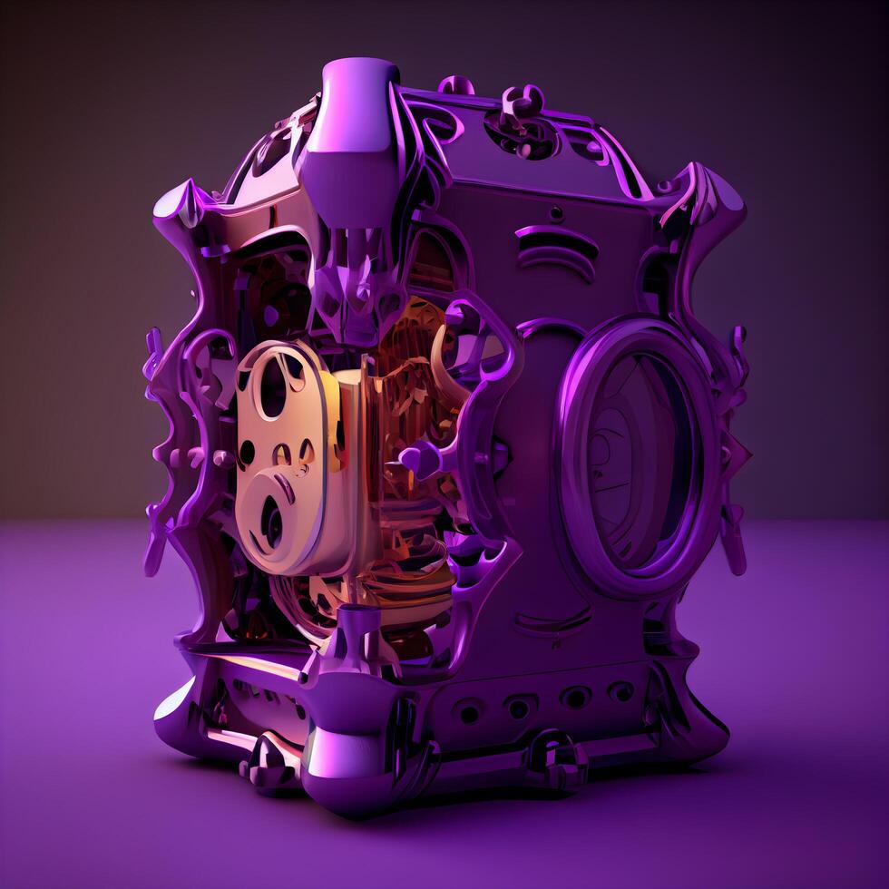 3d rendering of a robot with gears inside on a purple background, Image photo