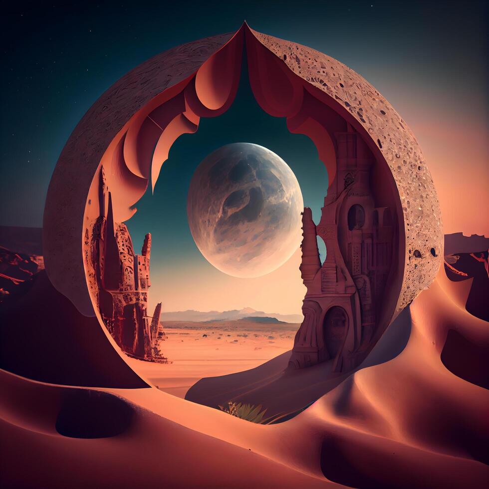 fantasía paisaje con un castillo en el desierto. 3d representación, ai generativo imagen foto