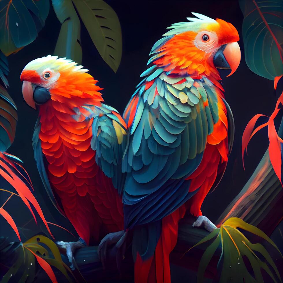 Colorful parrots on a black background. Colorful parrots., Image photo