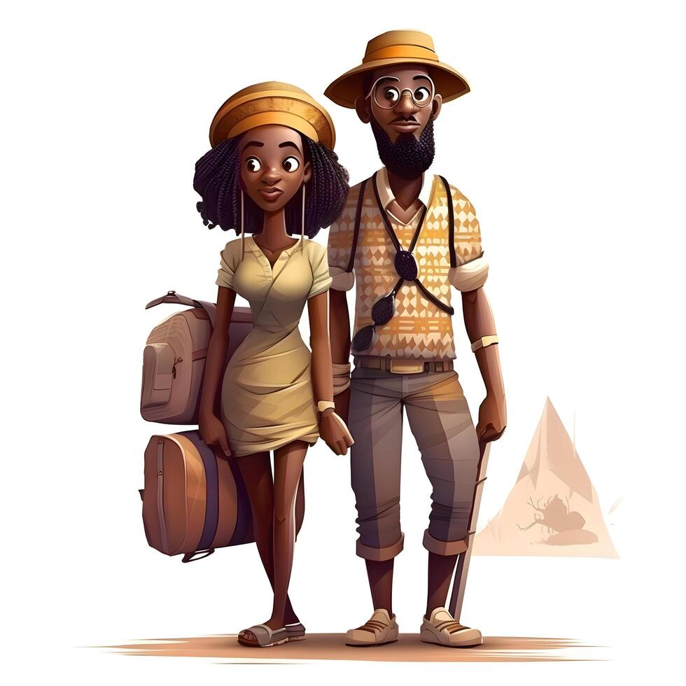 Pareja de turistas con mochilas aislado en blanco antecedentes. ilustración, ai generativo imagen foto