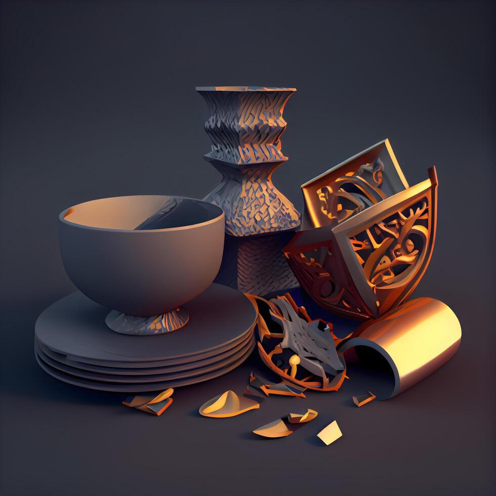 3d illustration of vase, cup, bowl and book., Image photo