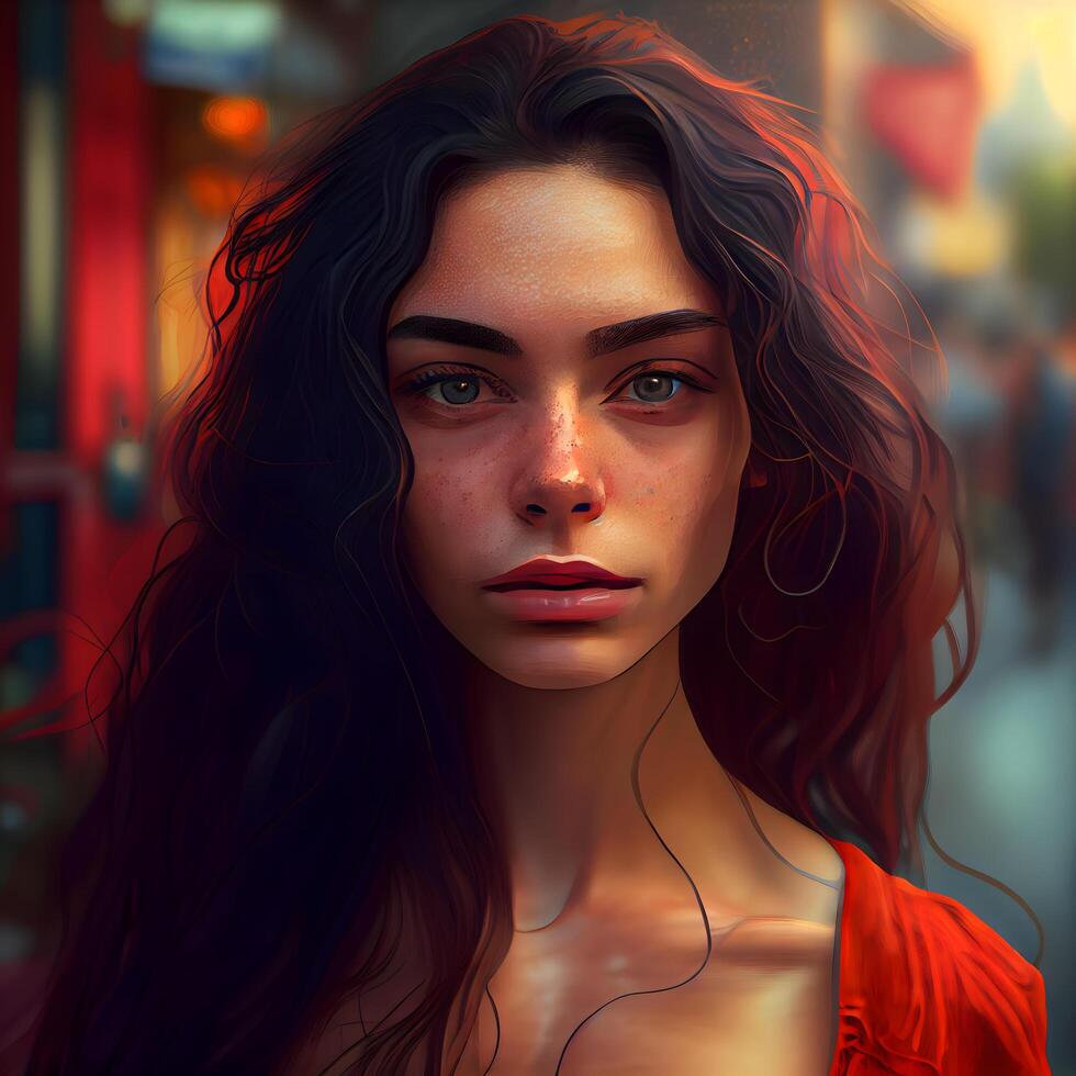 Portrait of a beautiful girl in a red dress on the street., Image photo