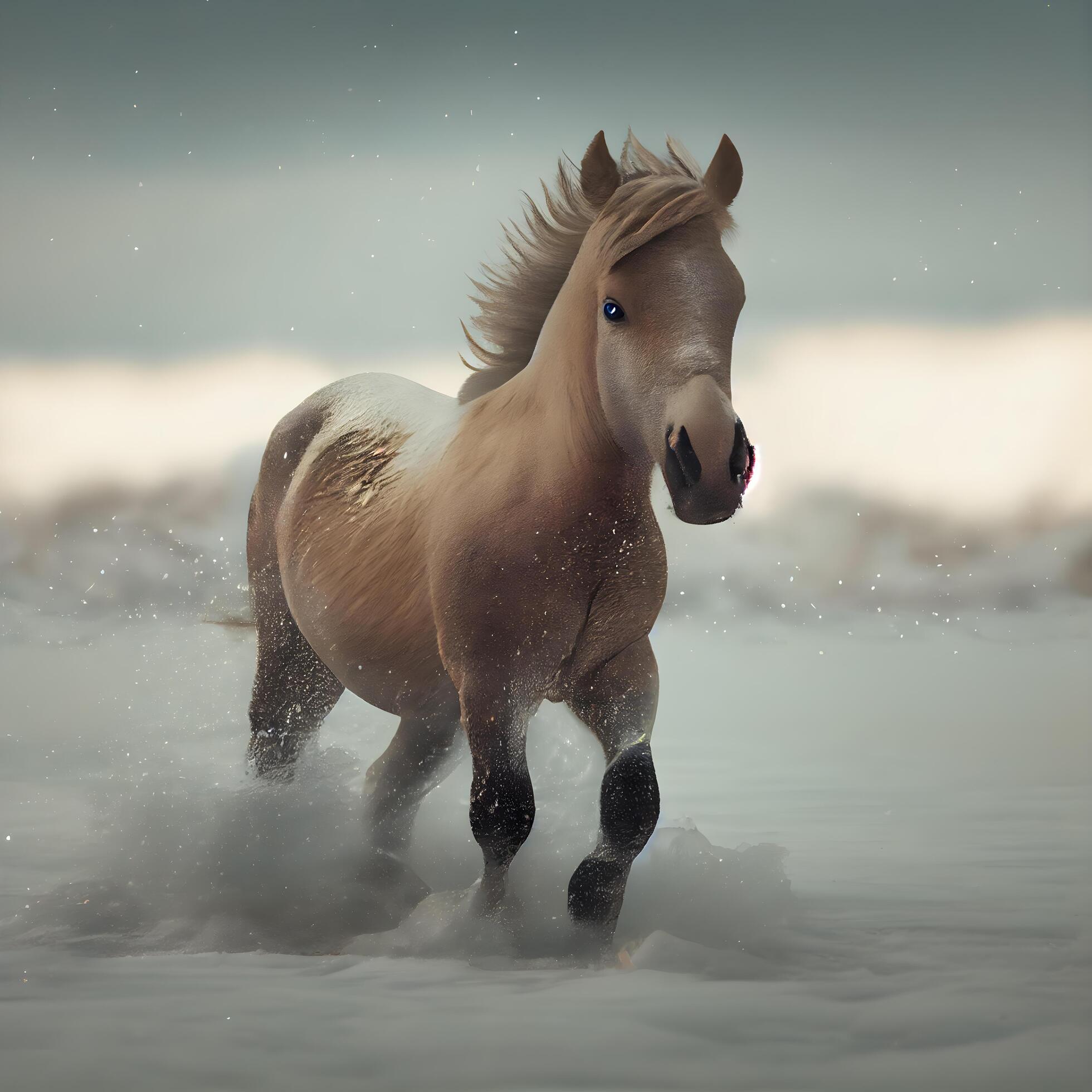 horse running in snow