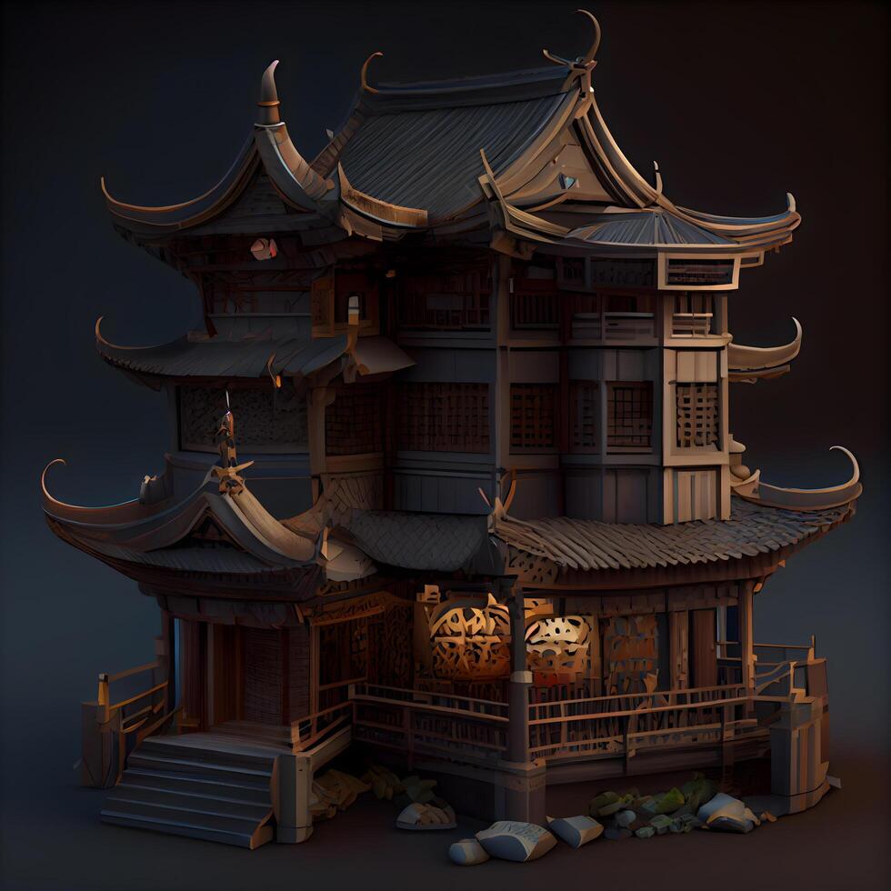 Pagoda in the forest. 3D render. Digital painting., Image photo