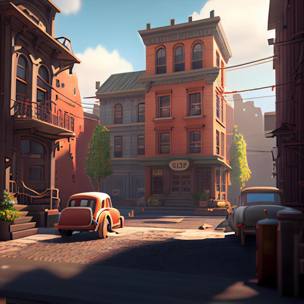 City street with old buildings and cars, 3d render illustration., Image photo