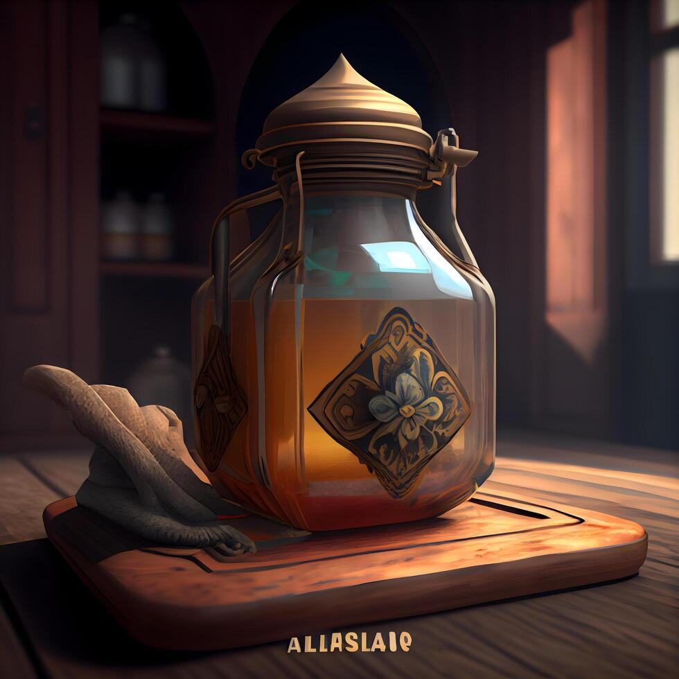 3d illustration of a glass jar with honey on a wooden table, Image photo