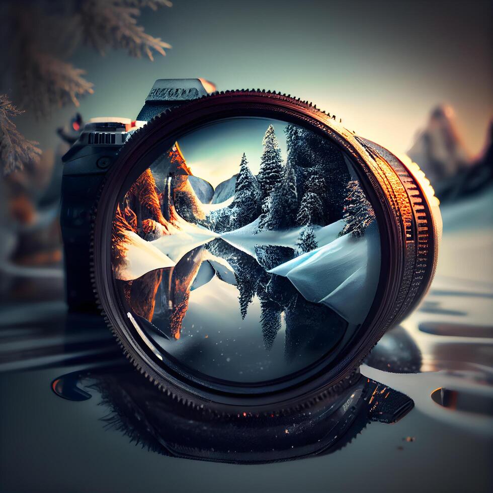 Photographer's camera on a background of snow-capped mountains, Image photo