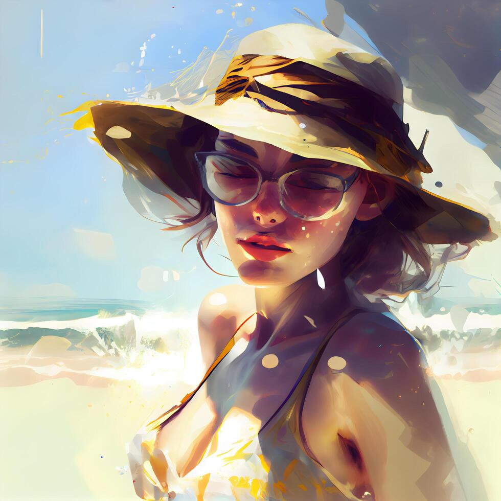 hermosa niña en sombrero y lentes en el playa. digital cuadro., ai generativo imagen foto