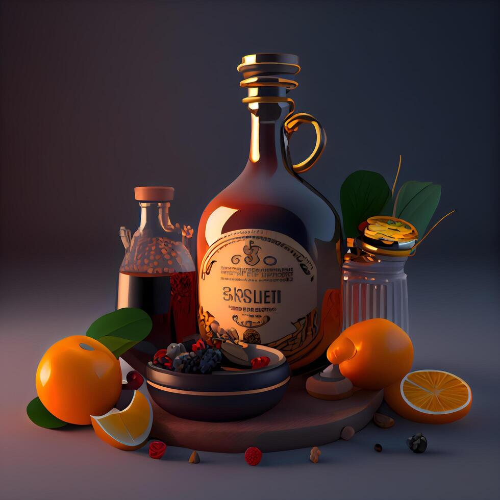 Mandarina petróleo en un botella en un oscuro antecedentes. 3d representación, ai generativo imagen foto