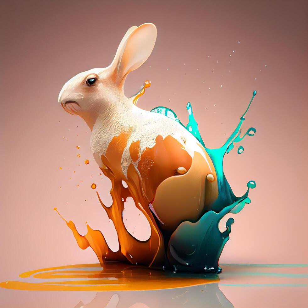 Easter bunny and egg splash. 3D illustration. Vintage style., Image photo