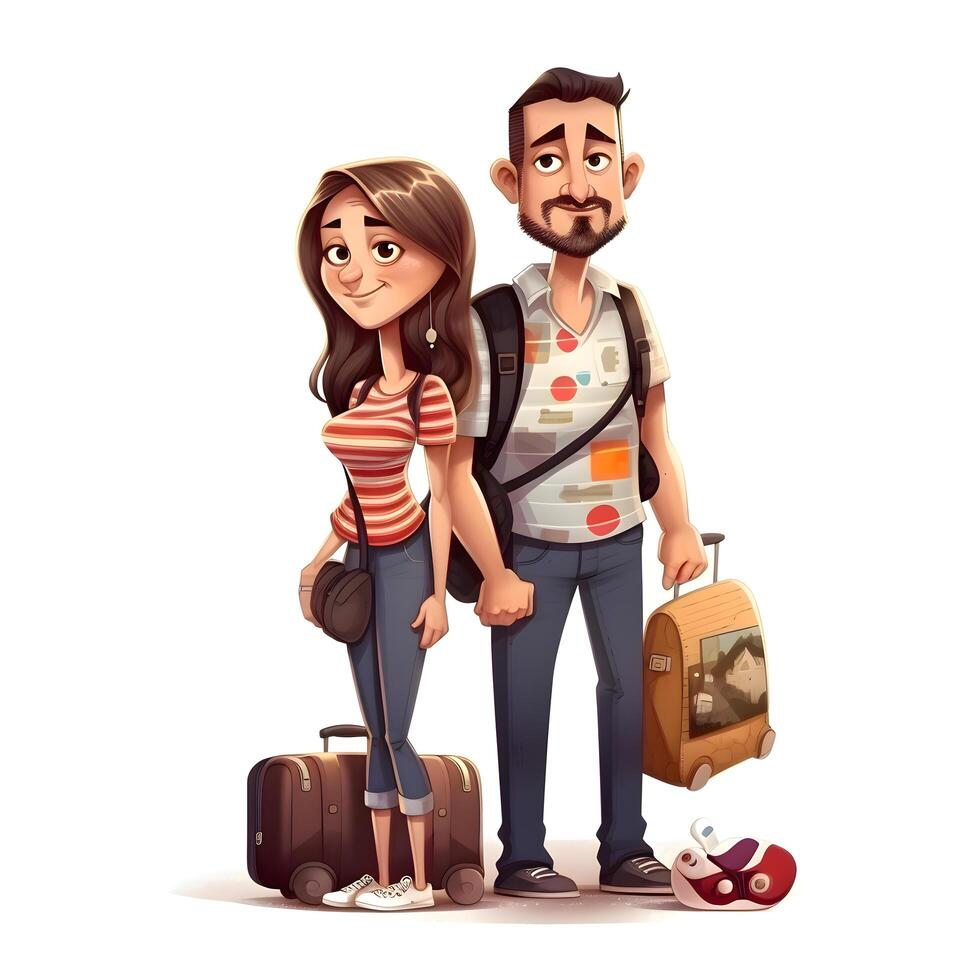 3d ilustración de un joven Pareja con mochilas y un sombrero, ai generativo imagen foto