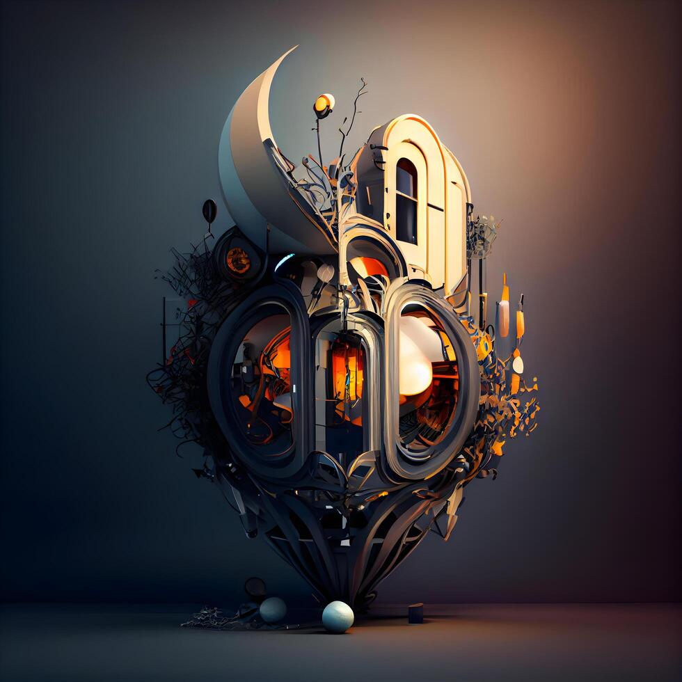 3d rendering of a fantasy house with a crescent moon and lanterns, Image photo