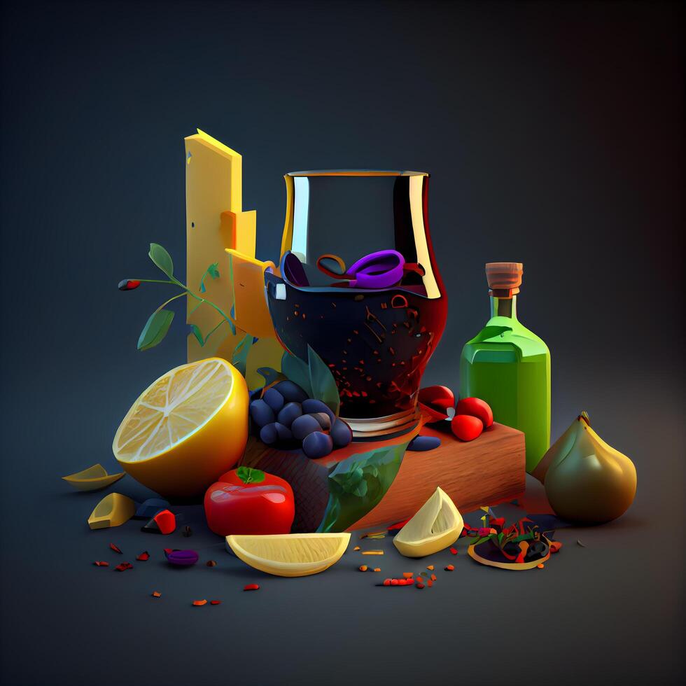 illustration of a glass of wine with ingredients on a dark background, Image photo